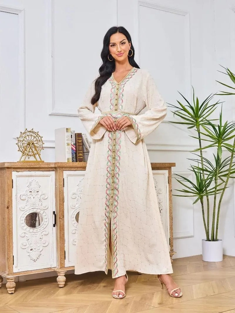 Mode élégante broderie bande garniture musulmane longue robe pour les femmes ceinturée vêtements Marocain turc Abaya