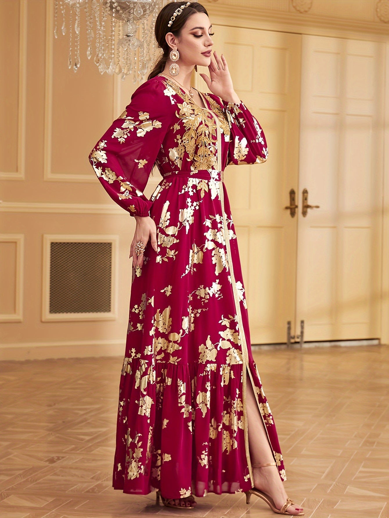 Robe de soirée rouge de dubaï pour femmes, tenue élégante avec ceinture à paillettes, col en v, estampage doré, Abaya, caftan marocain