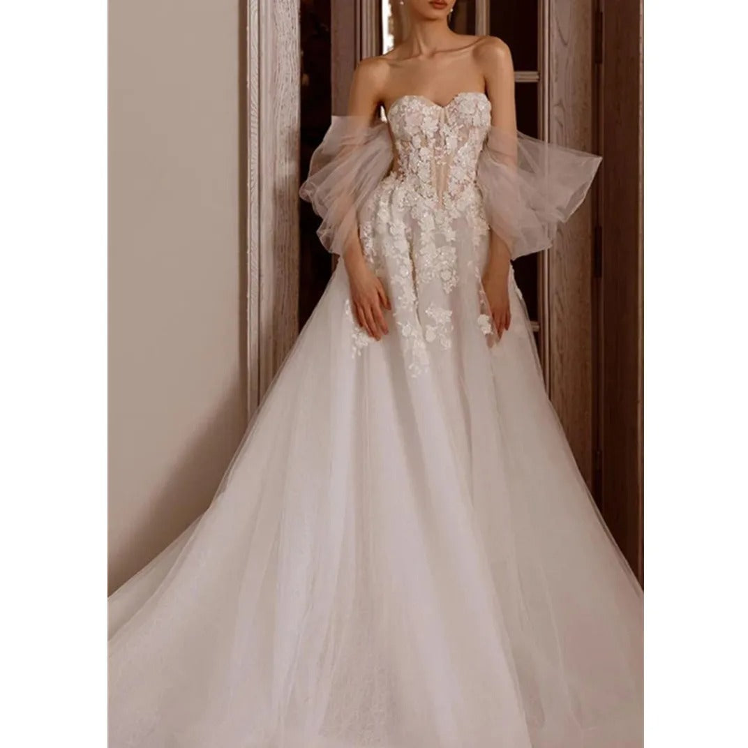 فساتين الزفاف الرائعة من A-Line Tulle Tiered Bridal Gowns Lace Appliques Off The Foulder Ropes Vintidos De Novia