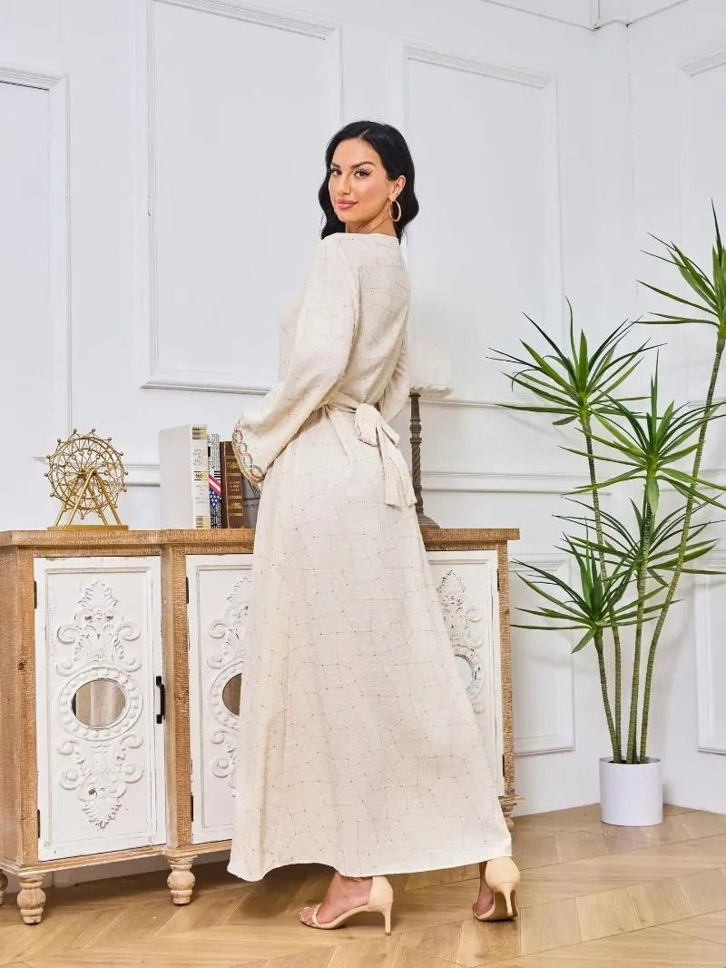 Fashion Elegant Embroidery Tape Trim Muslim Long Dress For Women Belted Clothing Marocain Turkish Abaya