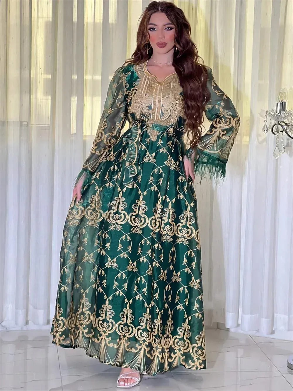 Dubai Gold Floral Embroidery Sequins Feathers Patchwork Long Sleeve V Collar Ethnic Party Gown With Sashes Eid Al-Adha