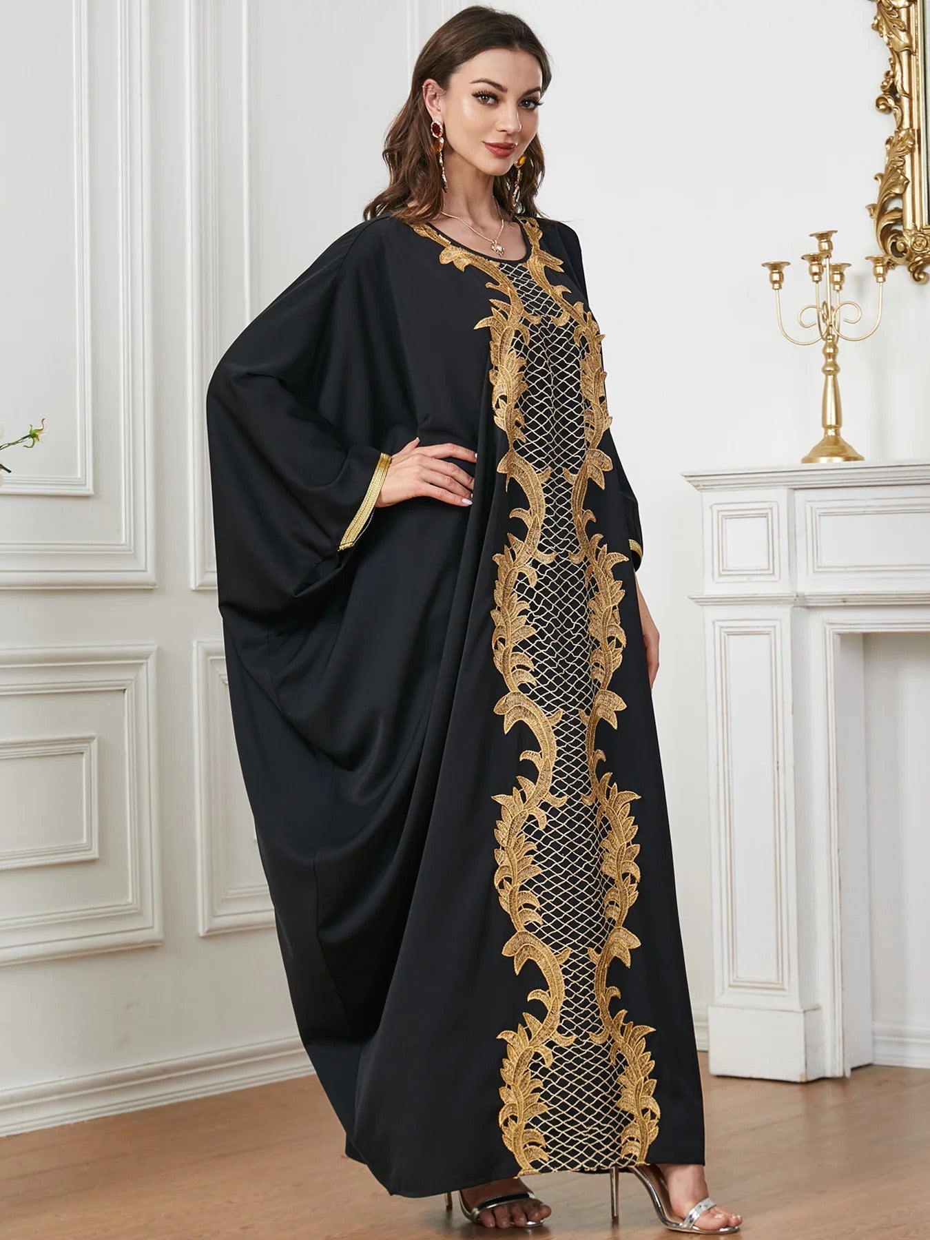 Black Batwing Sleeve Abayas Embroidery Casual Saudi African Women Dresses Moroccan Kaftan Islam Clothing Muslim Robe