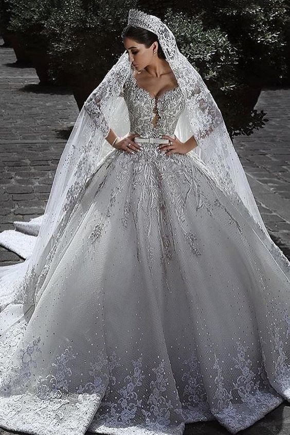 Abiti da sposa applicazione in pizzo di lusso perle musulmane abiti da sposa v maniche lunghe a maniche lunghe