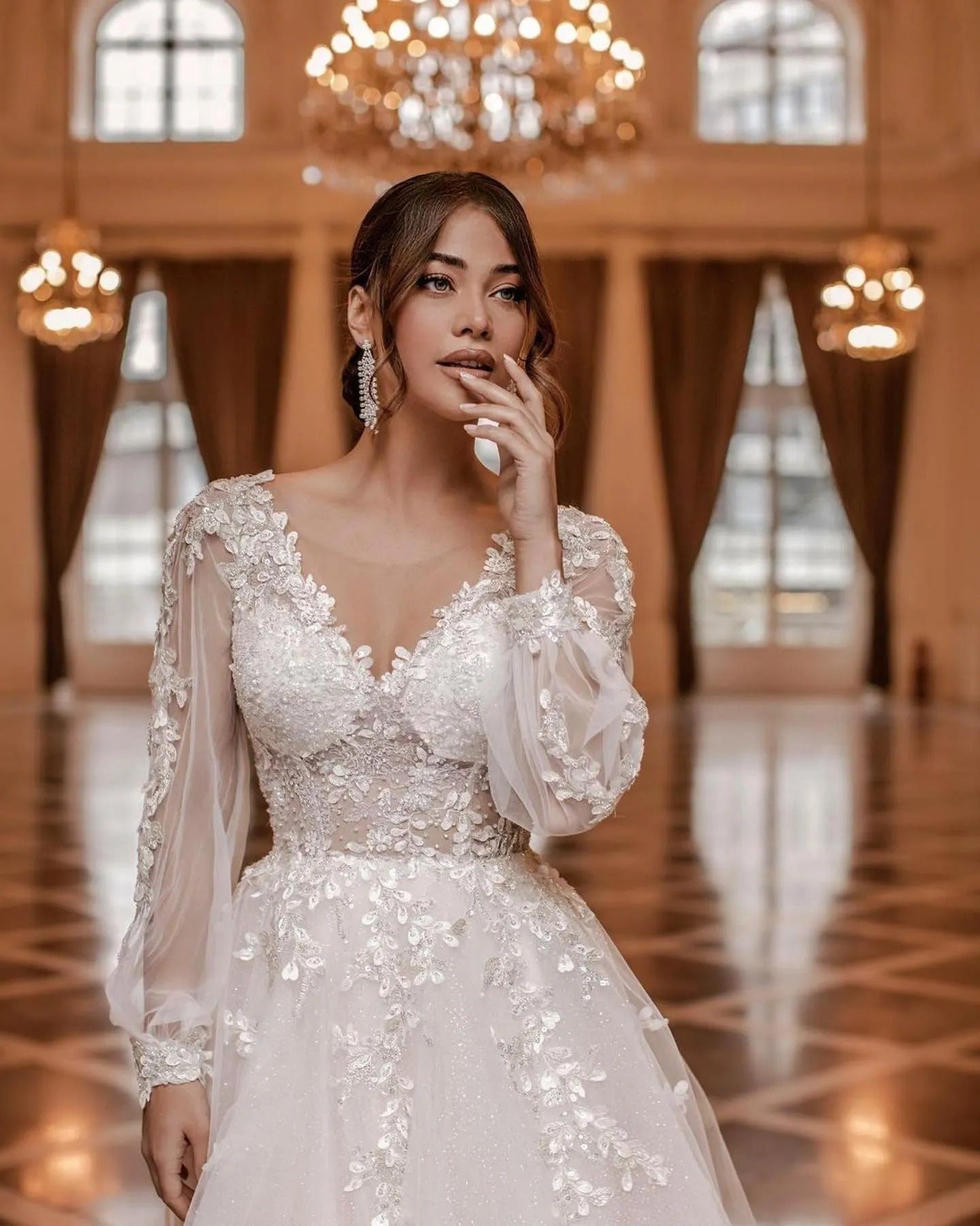 Vestidos de novia de ilusión, manga larga abombada, vestidos de graduación de corte A, apliques de princesa con cuello en V, vestidos formales de fiesta de novia para mujer 