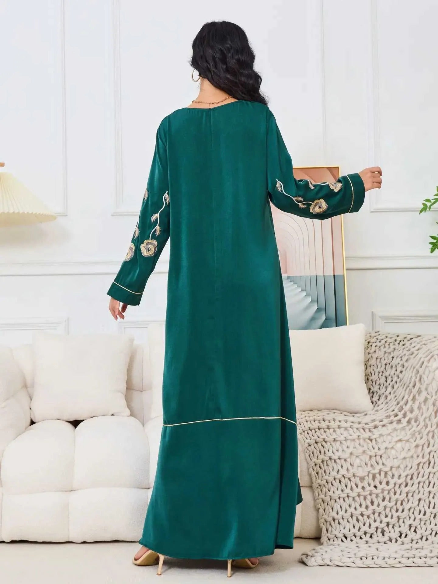 Caftan marocain Chic à la mode pour femmes, broderie unie, manches longues, col rond, robes longues africaines décontractées et amples