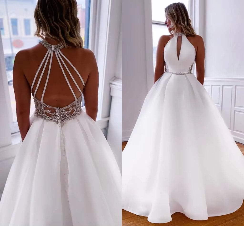 Vestidos De novia bohemios sencillos De corte A para mujer, vestidos De novia blancos De Organza con cuello alto y cristales, bata De boda con bolsillos 