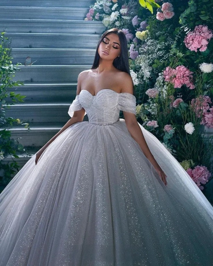 LORIE – robe de mariée en Tulle à paillettes, épaules dénudées, brillante, bouffante et plissée, robe de bal scintillante, robe de concours 