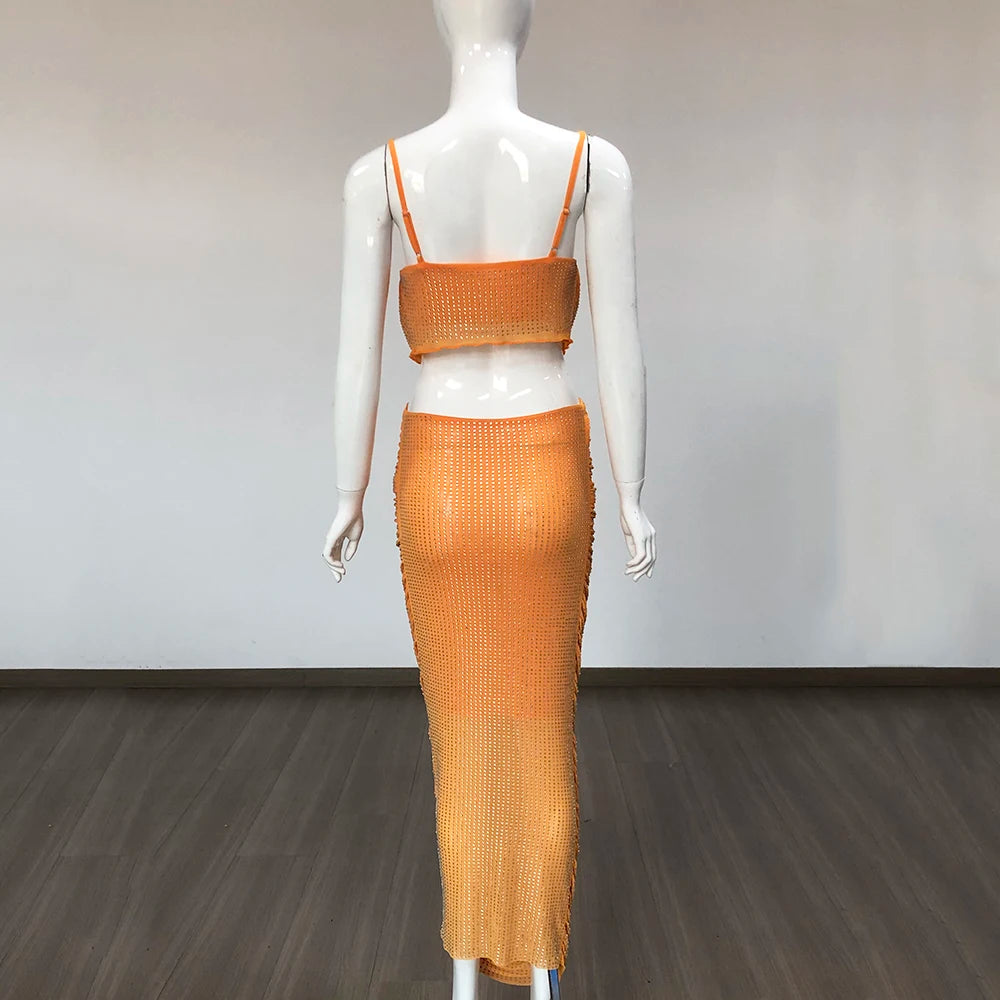 High Street Summer New Arrival Orange Sexy Spaghetti Straps Short Top +High Waist Pencil Skirt 2 Piece Set Vintage