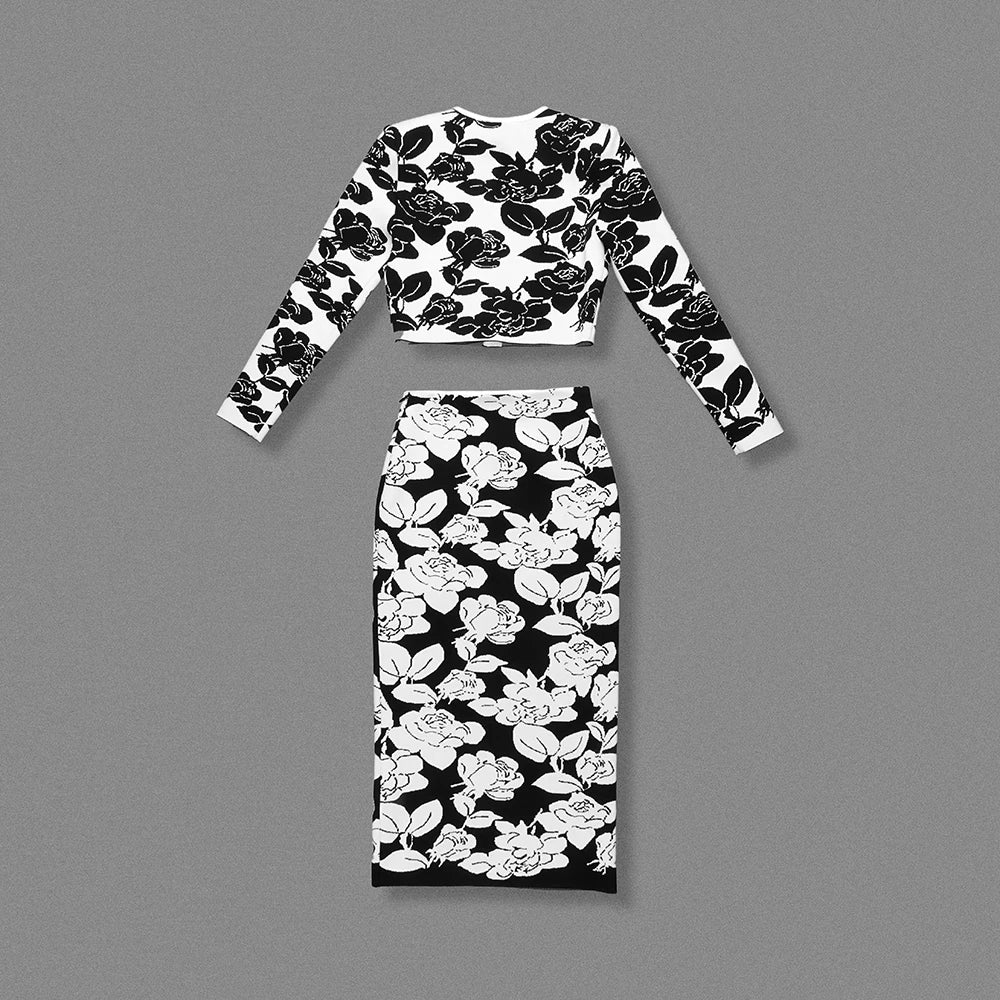 New bandage jacquard knitted set, black and white flower jacquard short top, hip wrap skirt two-piece set bandage set