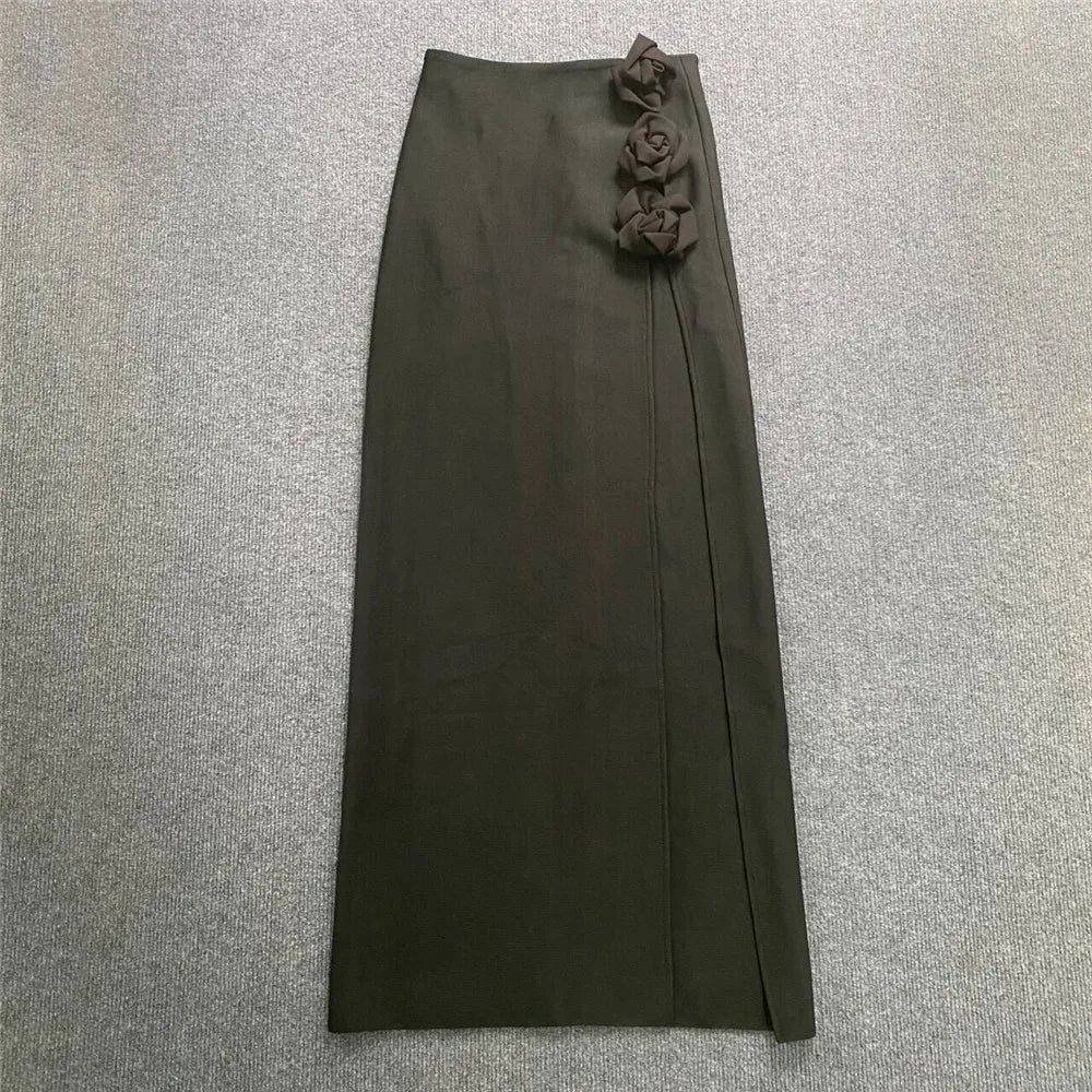 2024 summer new women's clothing red three-dimensional flower high slit bandage long skirt half skirt elegant fashion party wear