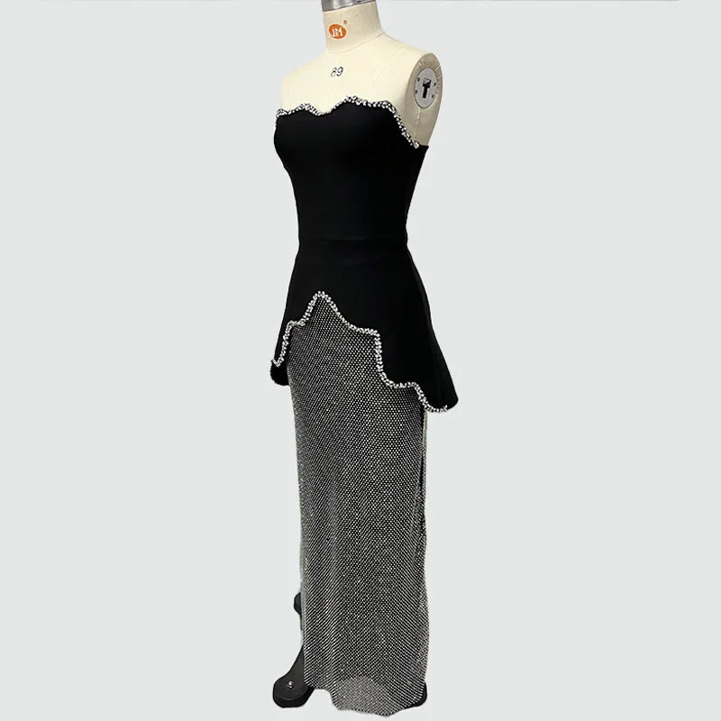 High street new black design sleeveless tube top short top + hot diamond skirt suit evening dress
