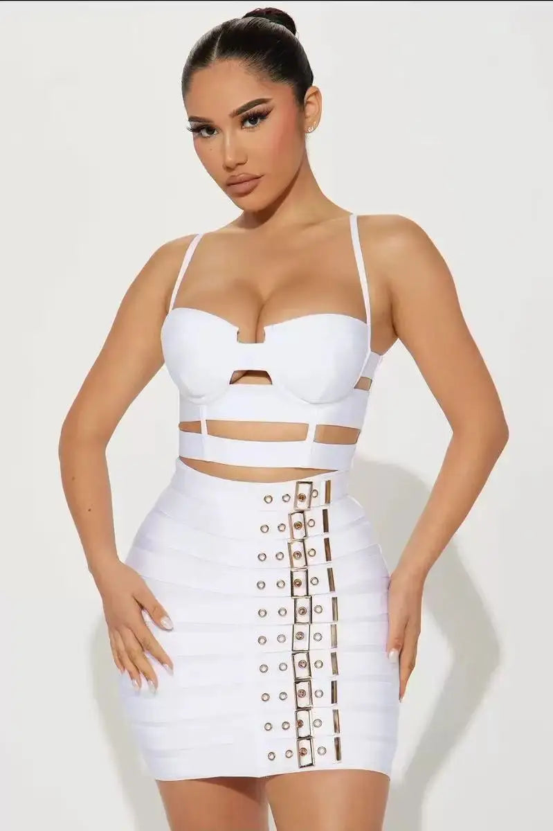 2025 Summer women's new white sexy camisole top+belt buckle mini skirt fashionable 2 piece bandage set