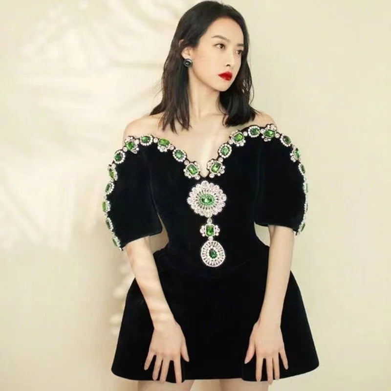 Summer Elegant black sexy strapless shoulder diamond shiny embellishments, fluffy mini party dress elegant fashion dress