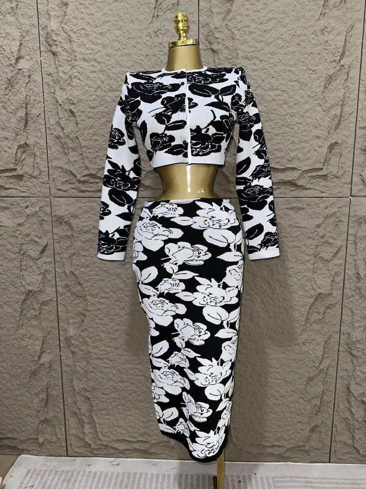 New women bandage jacquard knitted set, black and white flower jacquard short top, hip wrap skirt two-piece set