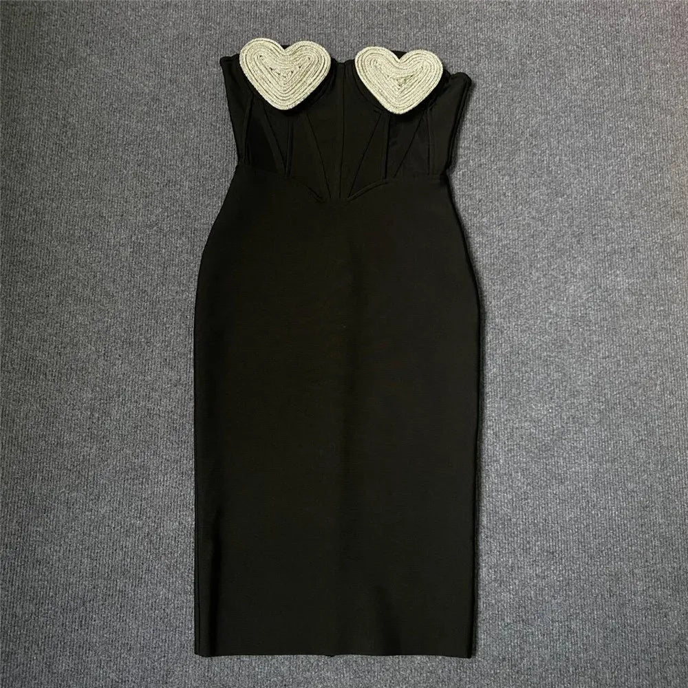 2024 Women's Summer New Black Sexy Off Shoulder Light Luxury Mesh Peach Heart Diamond Slim Fit Bandage Dress Elegant Fashion Eve