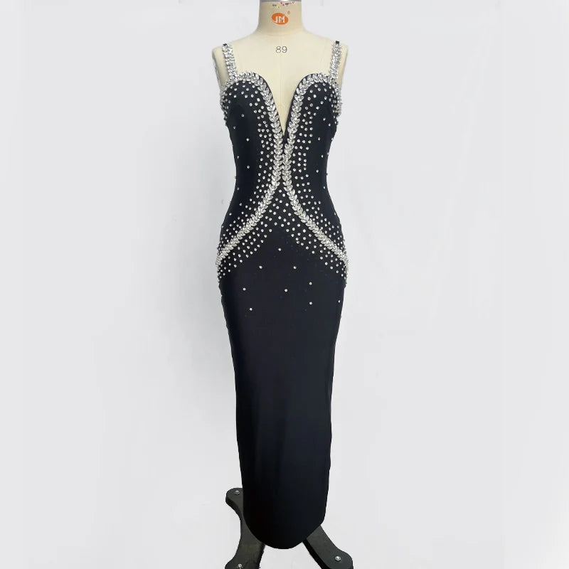 High quality women's summer new black sexy suspender hot stamping diamond backless slim fitting bandage dress elegant and fashio