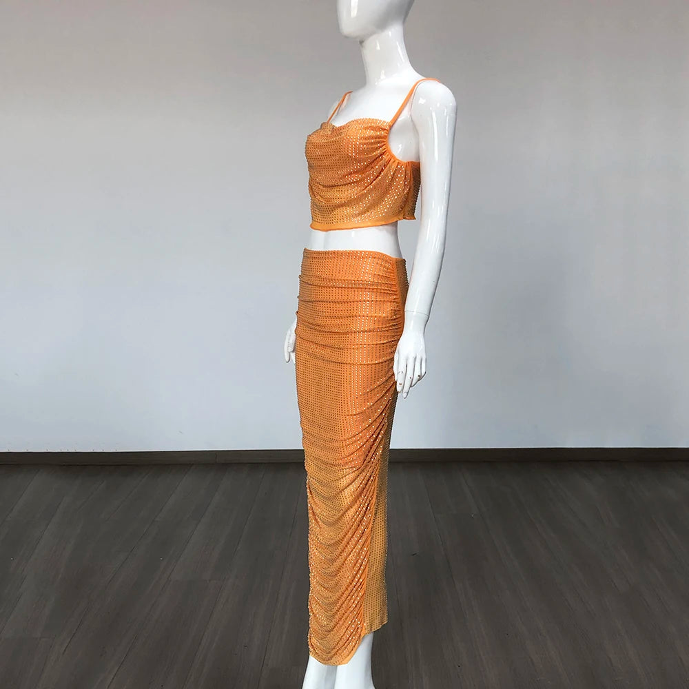 High Street Summer New Arrival Orange Sexy Spaghetti Straps Short Top +High Waist Pencil Skirt 2 Piece Set Vintage