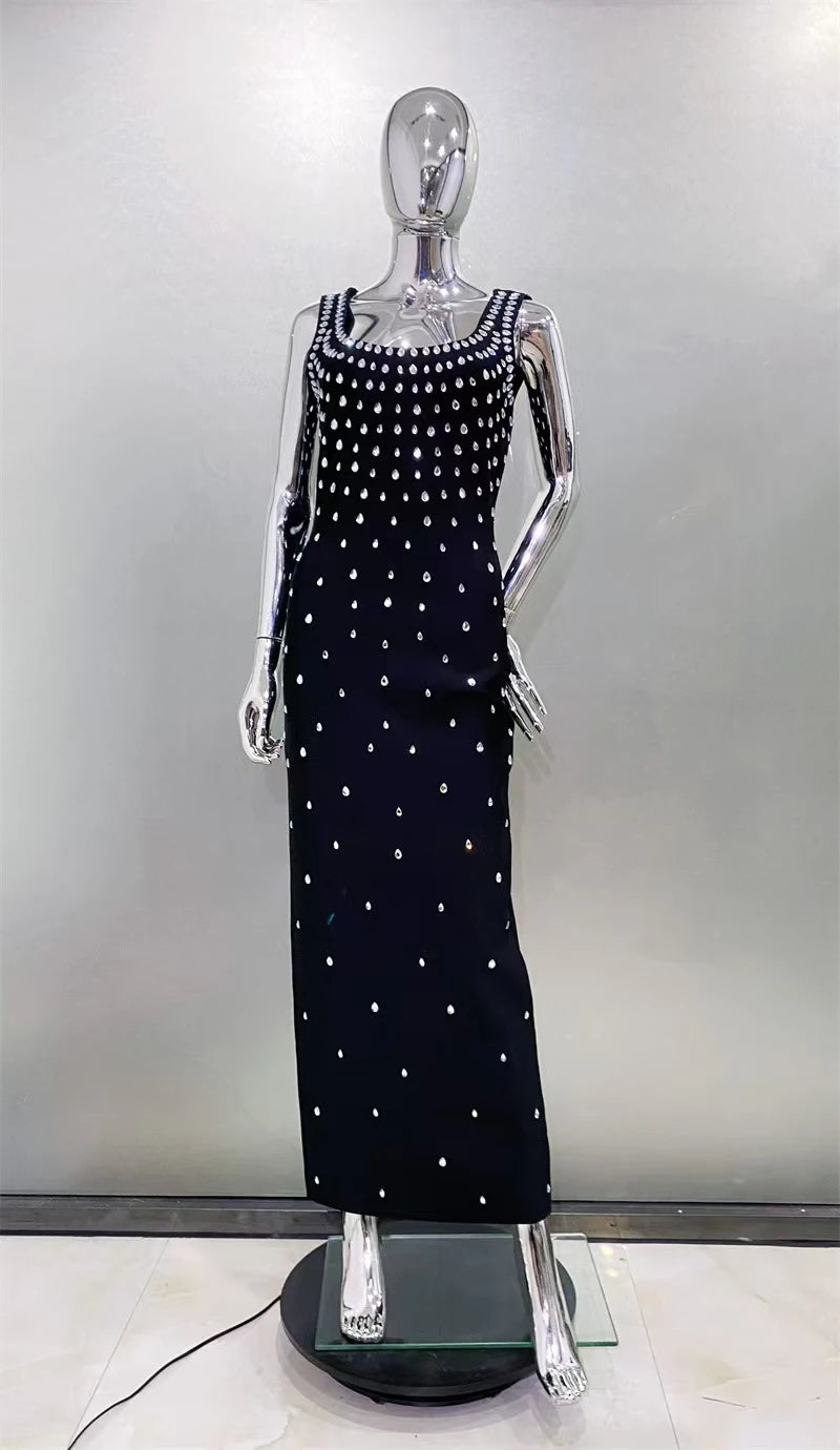 High quality summer women's new blue sexy suspender with hot stamping and sparkling long bandage dress elegant fashion party