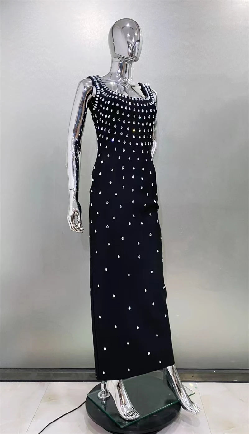 High quality summer women's new blue sexy suspender with hot stamping and sparkling long bandage dress elegant fashion party