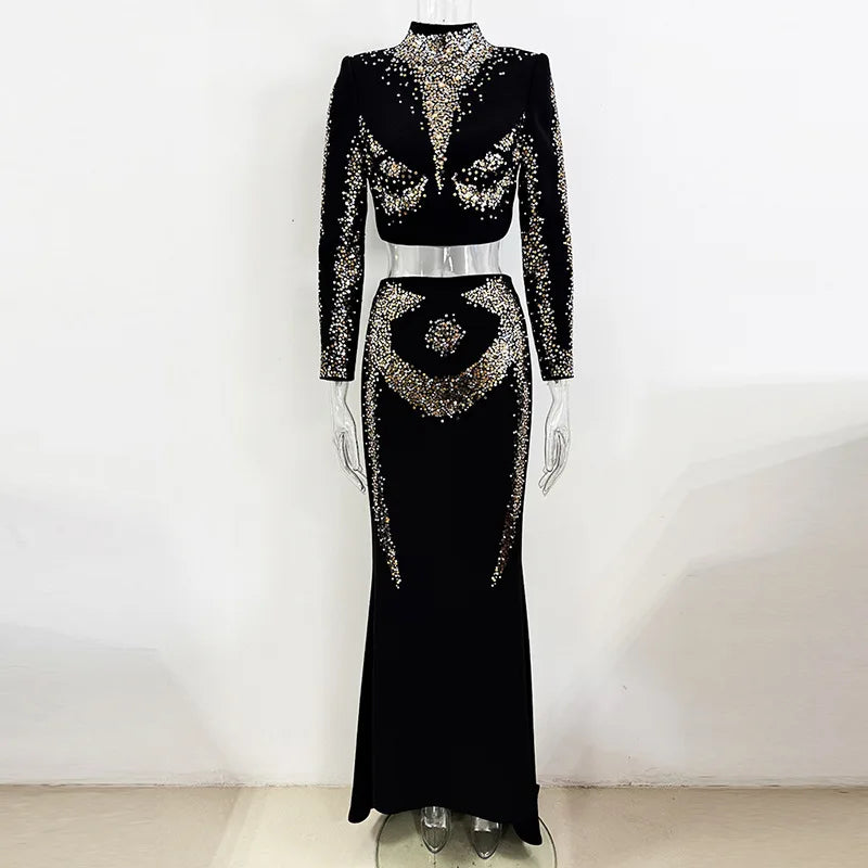 High Street Women's New Star Fashion Heavy Industry Embroidered sequin Short Top Fish Tail Half Skirt Set Two Piece Set