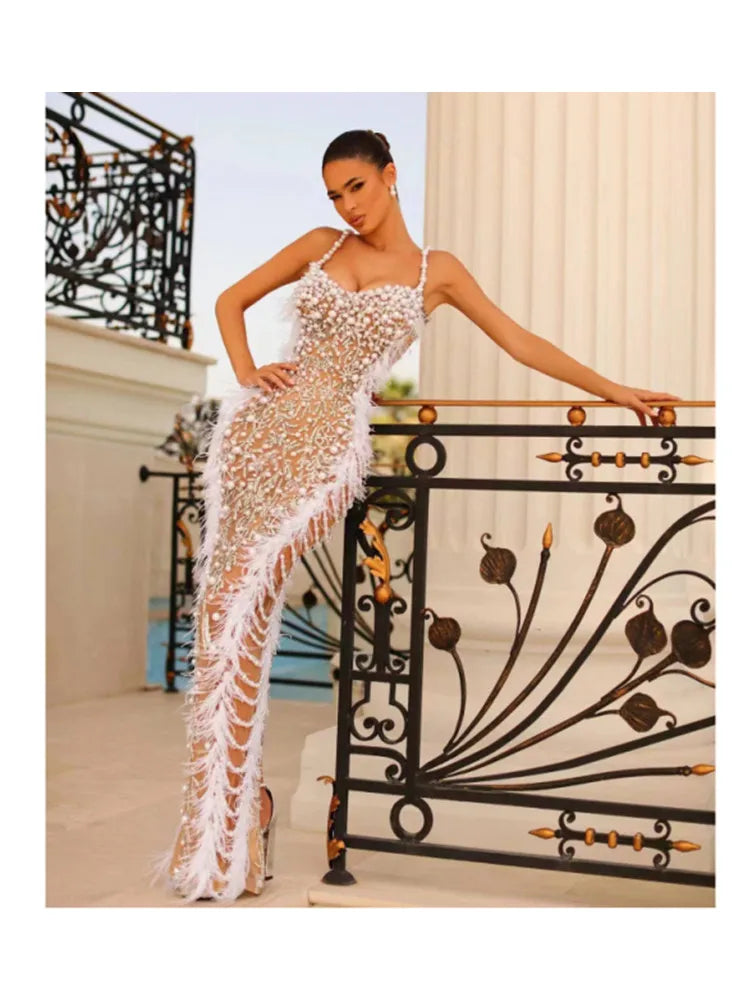 Luxury women summer white feather embroidered beaded suspender tight fitting dress, luxurious party and dinner dress