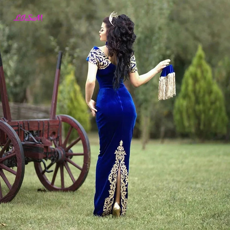 Moroccan Caftan Evening Dresses Gold Lace Appliques Cap Sleeve Royal Blue Mermaid Velvet Arabic Prom Gowns Long Party Dress