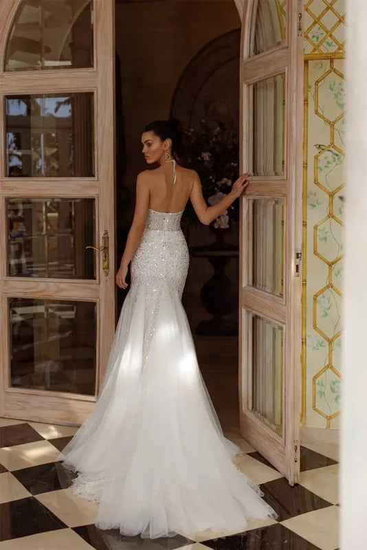 Glitter trouwjurken schede zeemeermin pailletten applices mouwloze backless sexy bruidsjurken elegante vestidos de novia elegant vestidos de novia