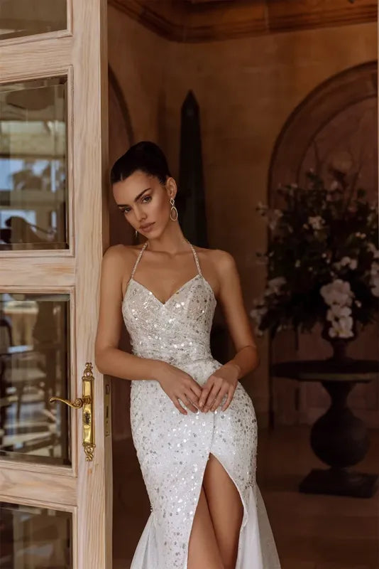 Glitter trouwjurken schede zeemeermin pailletten applices mouwloze backless sexy bruidsjurken elegante vestidos de novia elegant vestidos de novia