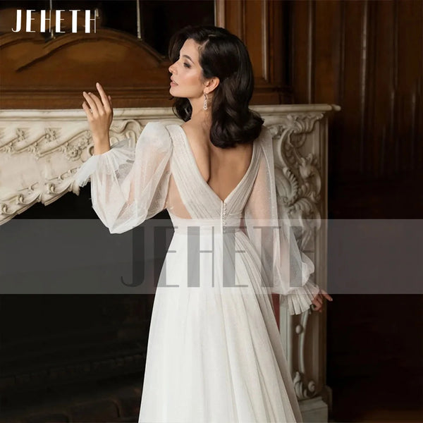 JEHETH Elegant Glitter Tulle Deep V-Neck Wedding Dresses Princess Shiny Lantern Sleeves Backless A-Line Pleated Bridal Gowns
