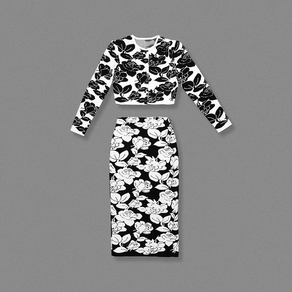 New bandage jacquard knitted set, black and white flower jacquard short top, hip wrap skirt two-piece set bandage set