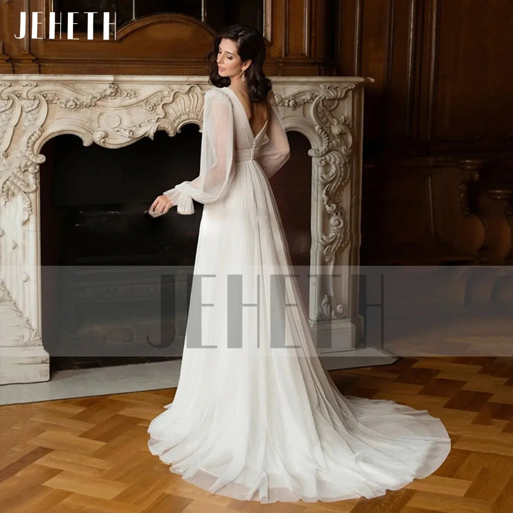 JEHETH Elegant Glitter Tulle Deep V-Neck Wedding Dresses Princess Shiny Lantern Sleeves Backless A-Line Pleated Bridal Gowns