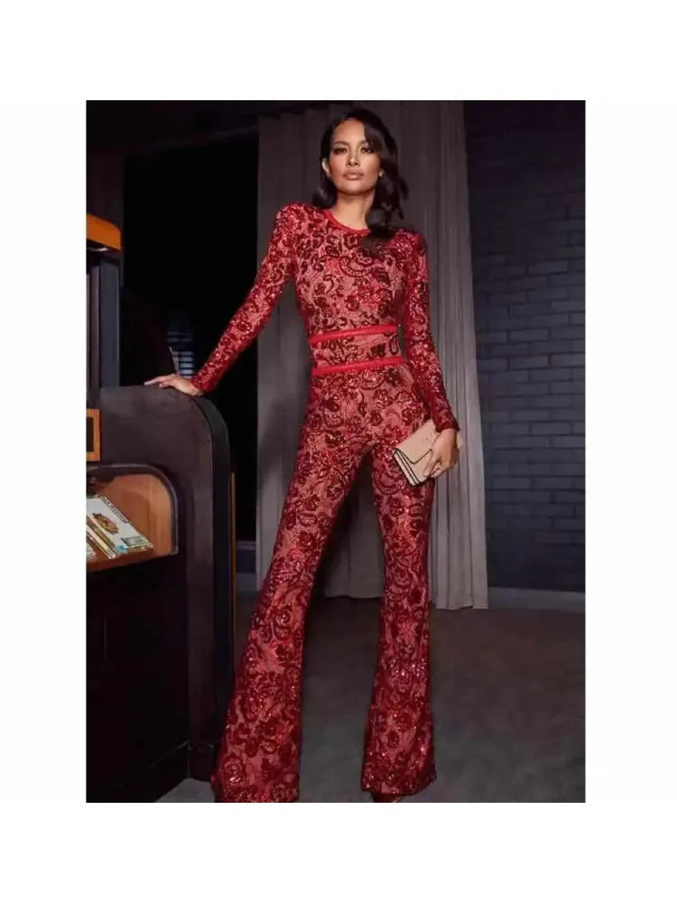 2021 Spring New Jumpsuits Hot Sale Sexy Lace Hollow Out Rompers Red Flame Pants Women's Fashion Club Street Wear