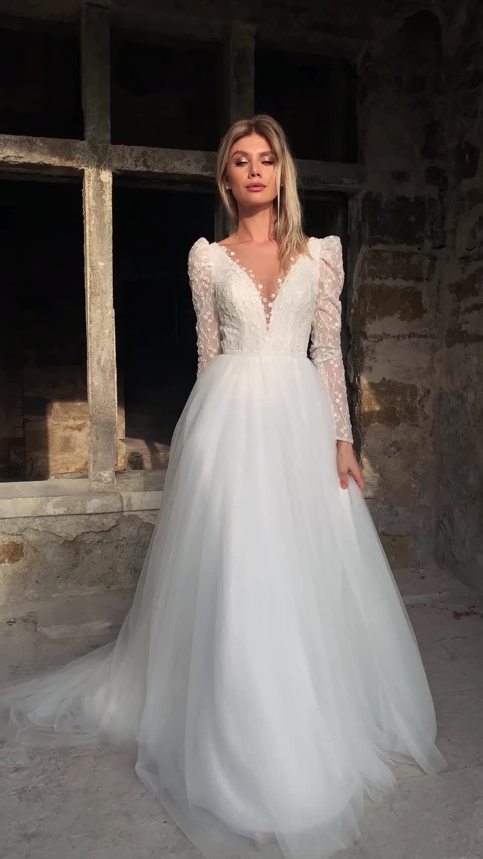 Ramanda elegante mangas compridas Vintage V Vestido de noiva de pescoço A para noiva Tulle sem costas vestido de noiva Vestido de Novia