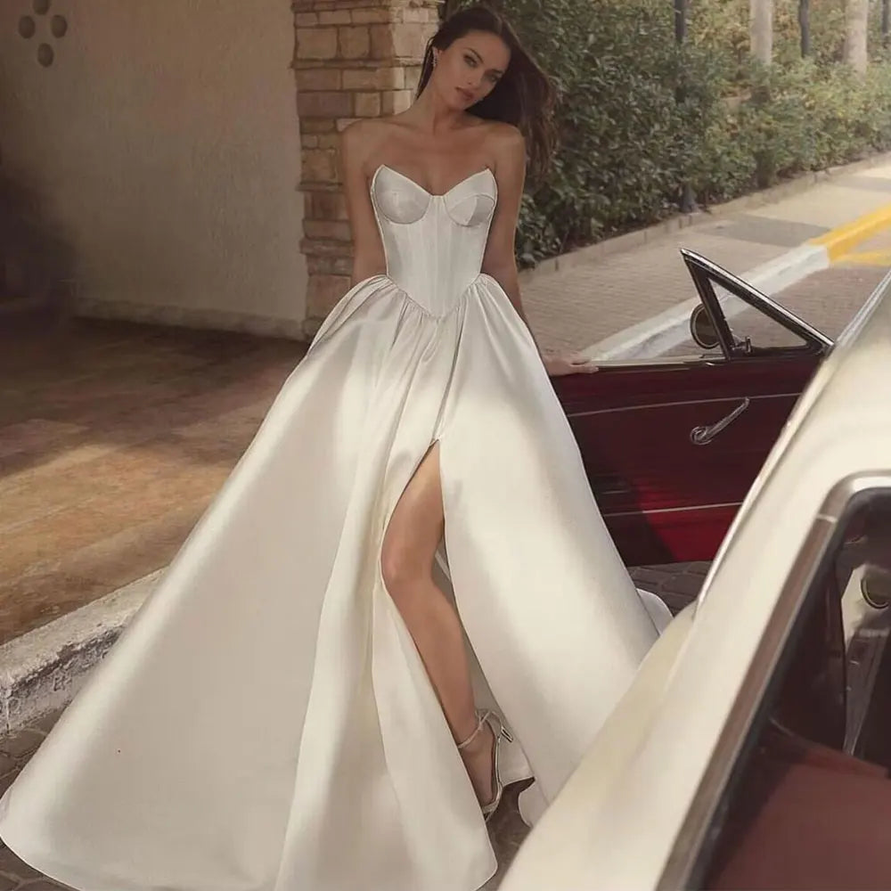 فساتين الزفاف Satin Side Split Bride Dress Side Side Vestido de novia Wedding Gowns