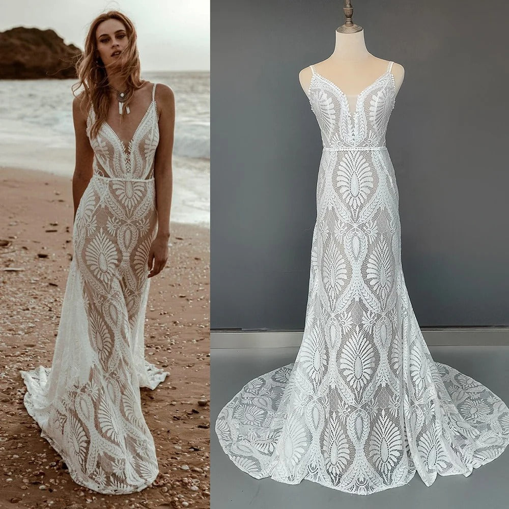 Beach Spaghetti Spaps Lace Wedding Dress Boho Bride Downs Backless Custom Made Deep V-Neck Rustic Long Mermaid Bridal Bohemian