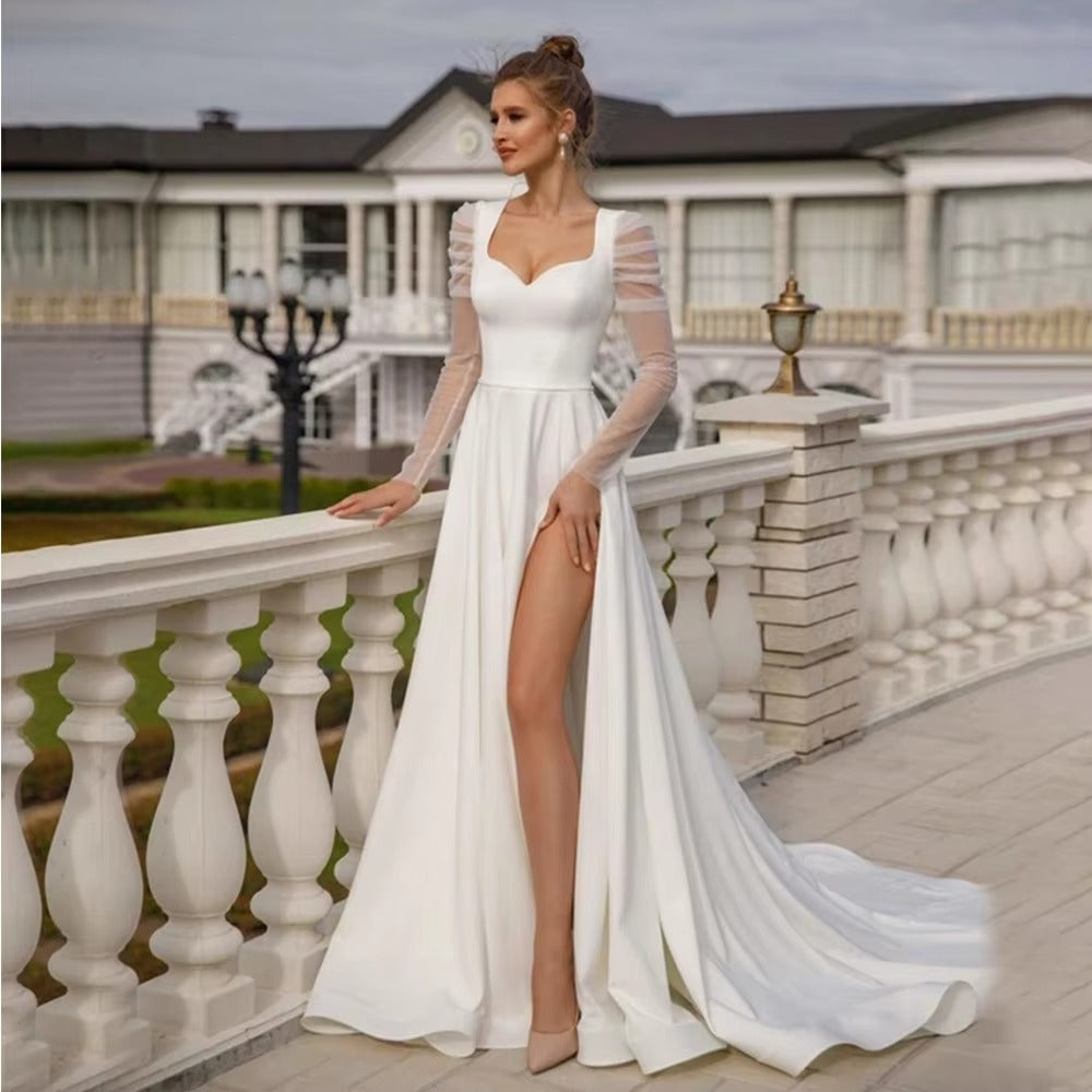 Schöne langhältige Meerjungfrau -Entlüftungshochzeitskleider elegante Satin Schatz Hals Brautkleid sexy geteilte weiße Hochzeitskleider