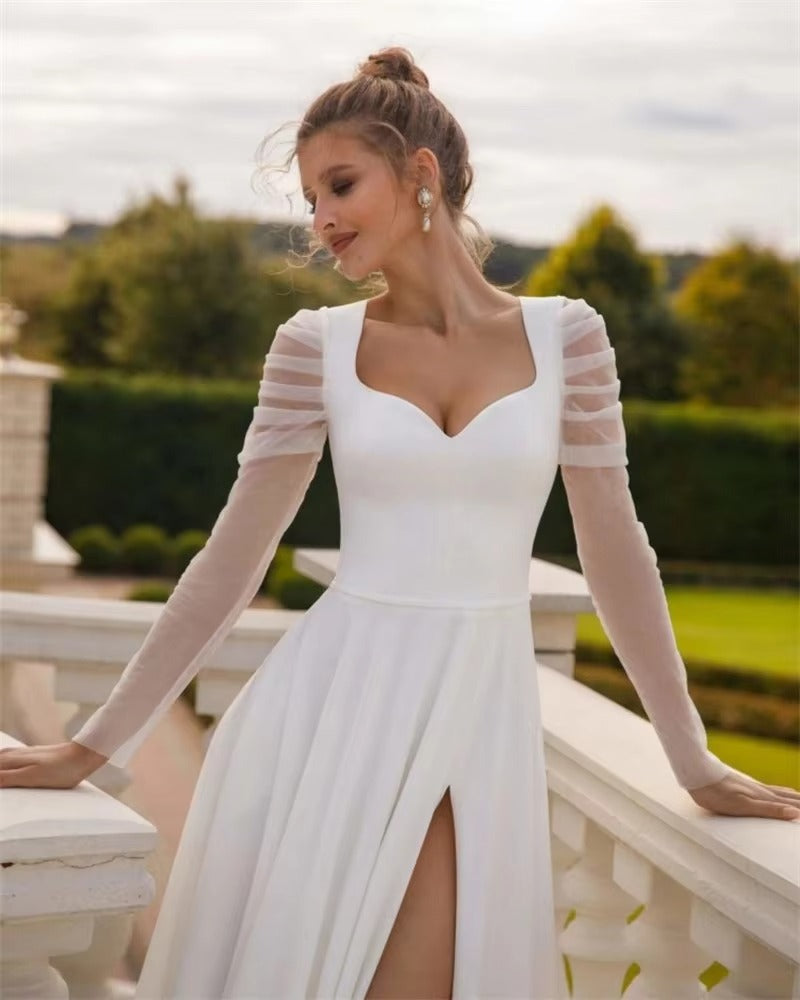 Schöne langhältige Meerjungfrau -Entlüftungshochzeitskleider elegante Satin Schatz Hals Brautkleid sexy geteilte weiße Hochzeitskleider