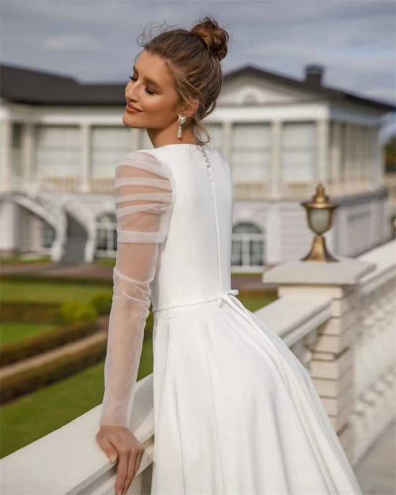 Hermosos vestidos de novia de manga larga con ventilación de sirena Vestido de novia elegante de satén con cuello en forma de corazón Vestidos de novia blancos divididos atractivos 