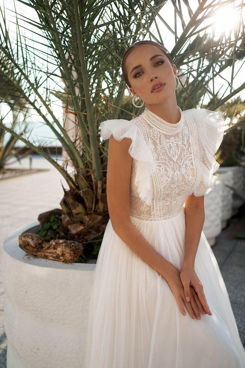 Abiti da sposa senza maniche da jheheth boho a collo alto eleganti appliques in pizzo abiti da spicco