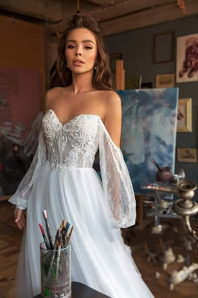 Kant Appliqued Sexy Country Wedding Jurken Sweetheart Long Mouwen Elegant Beach Boho Vintage Wedding Jurken Bridal Ghowns