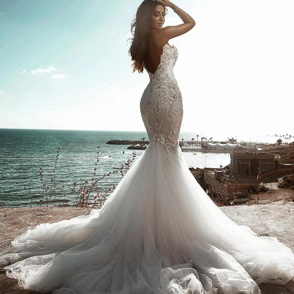 Abito da sposa a sirena di lusso a cuore lungo boho applique in pizzo femminile perline abiti da sposa più grandi vestido de nolia