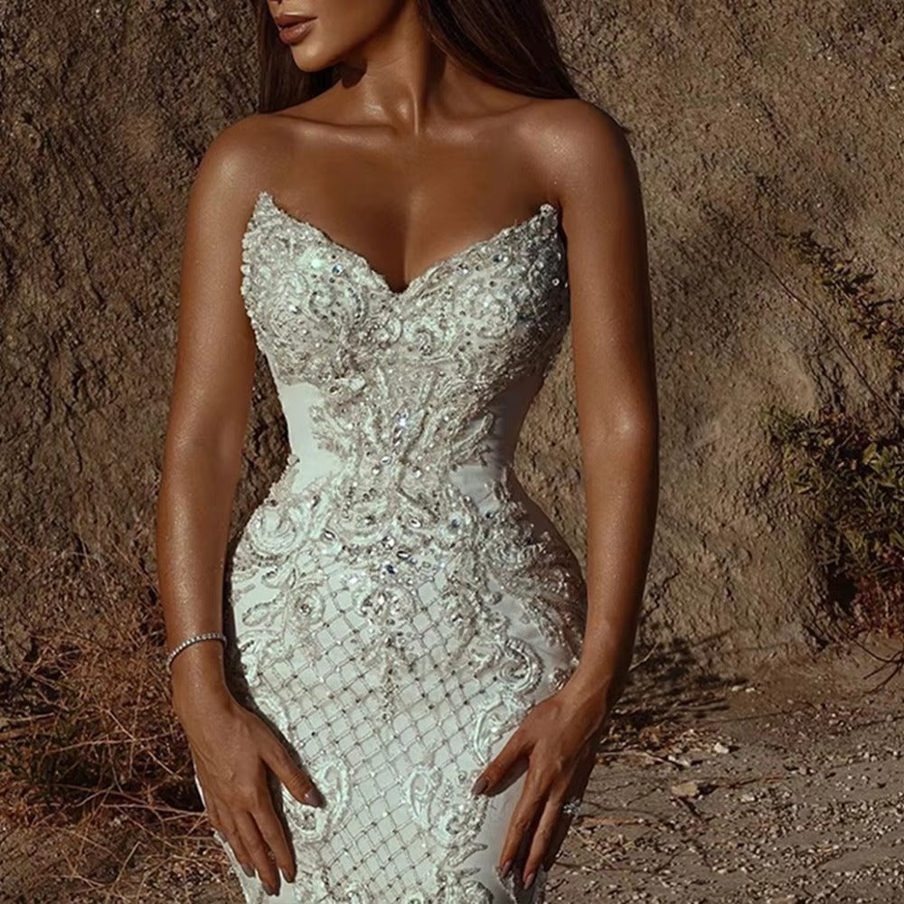 Abito da sposa a sirena di lusso a cuore lungo boho applique in pizzo femminile perline abiti da sposa più grandi vestido de nolia