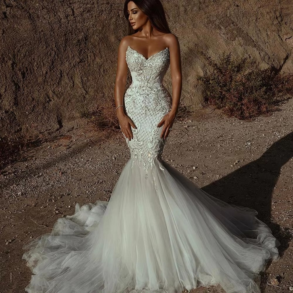 Abito da sposa a sirena di lusso a cuore lungo boho applique in pizzo femminile perline abiti da sposa più grandi vestido de nolia