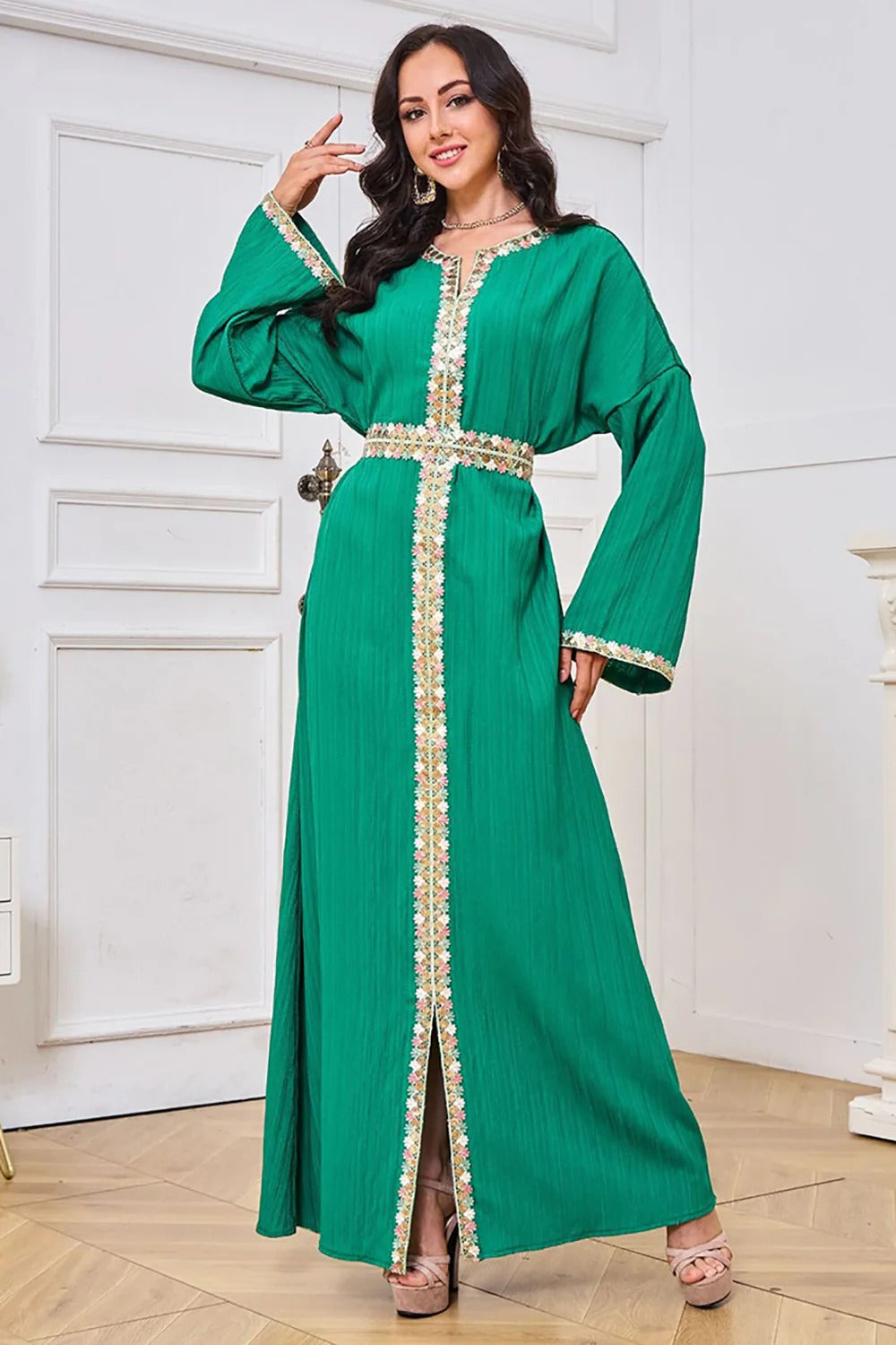 Mode musulmane Abaya dubaï femme solide ourlet fendu manches longues crantée col en v ceinturé vêtements robes marocaines élégantes