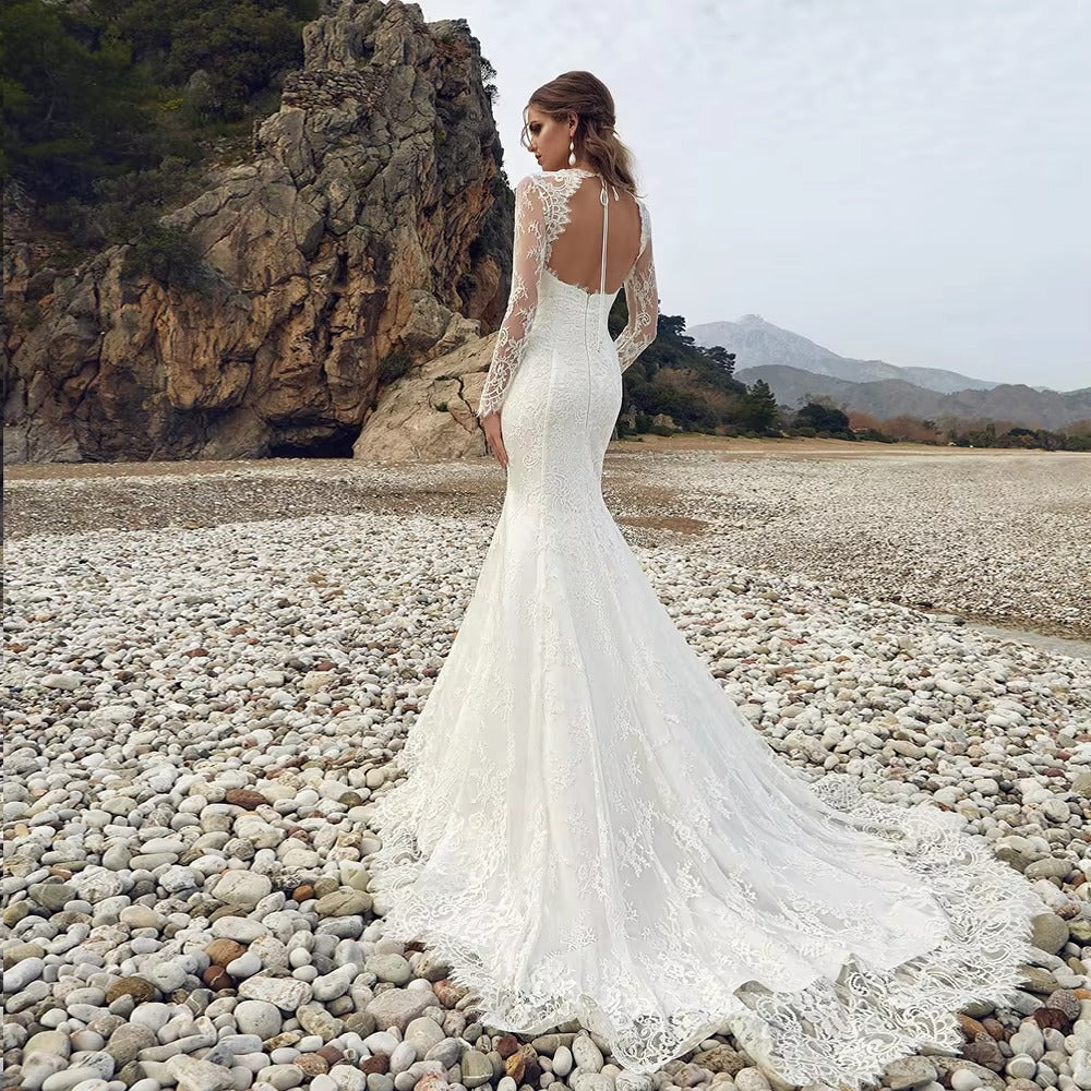 Abito da sposa a sirena di lusso sfidante Appliques in pizzo a v-scollo a v-torno a maniche lunghe con abito da sposa senza spicco vestidos de nolia