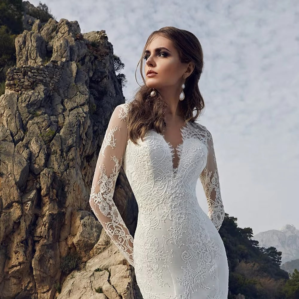 Challoner Luxury Meerjungfrau Hochzeitskleid V-Ausschnitt Spitzen Applikationen Langer Ärmel Rückenfreies Brautkleid bodenlange Vestidos de Novia