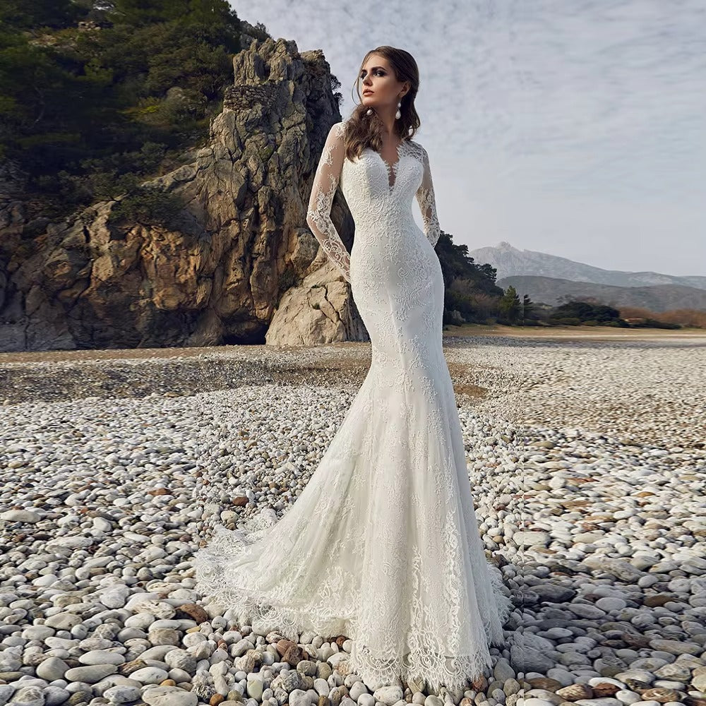 Challoner Luxury Meerjungfrau Hochzeitskleid V-Ausschnitt Spitzen Applikationen Langer Ärmel Rückenfreies Brautkleid bodenlange Vestidos de Novia