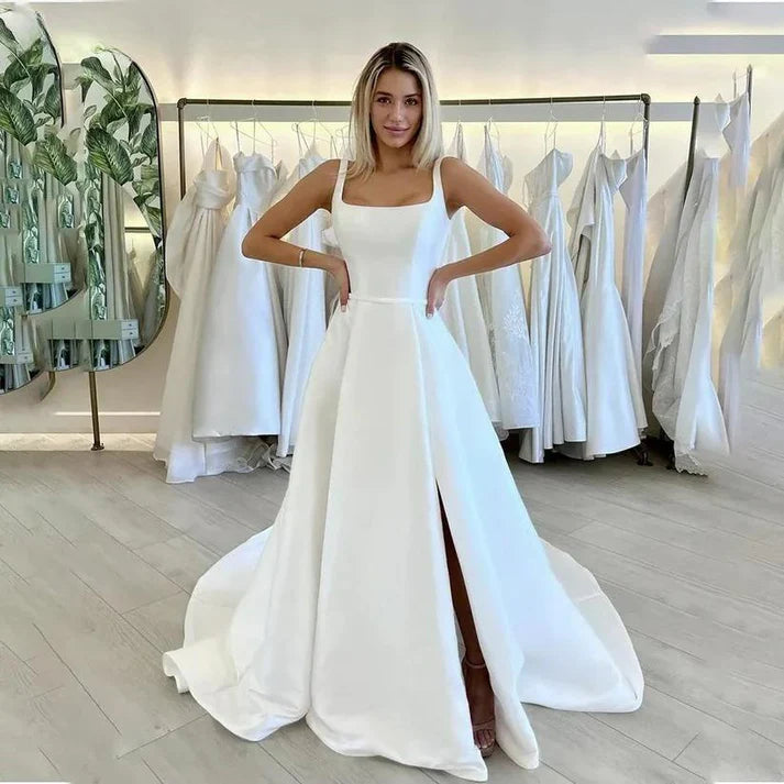 Semplice abito da sposa a spina spaghetti cinghie quadrate collare quadrati in raso a fessura laterale a fessura da sposa abiti da sposa vestidos de nolia personalizzato made