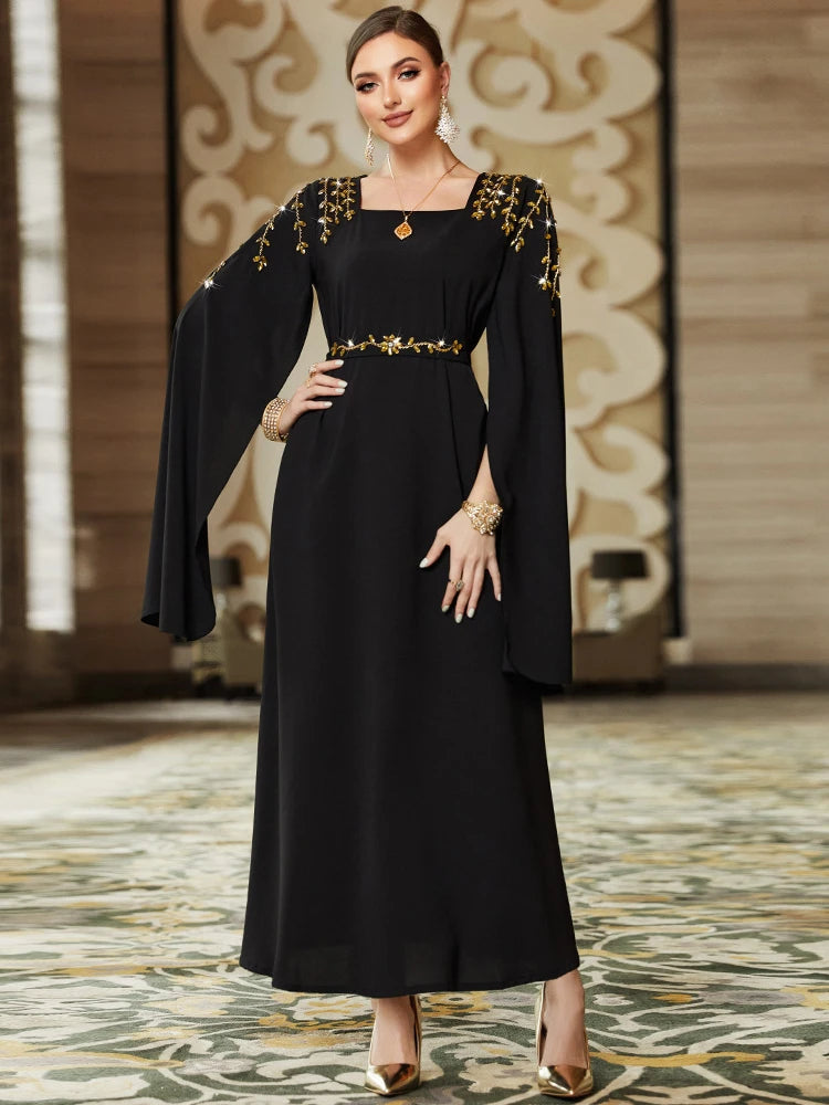 Dubai Fashion Chic Pure Handwork Diamonds Abendpartykleid Super langhältiger Quadratkragen Gürteltier Arabergewand