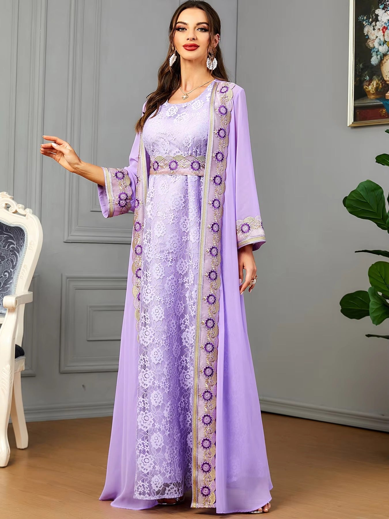 Marocain 2 pièces Abaya ensemble Jilbabs pour femme Chic violet mousseline de soie dentelle bande ceinturée robe arabe Ramadan Musulmane Caftan